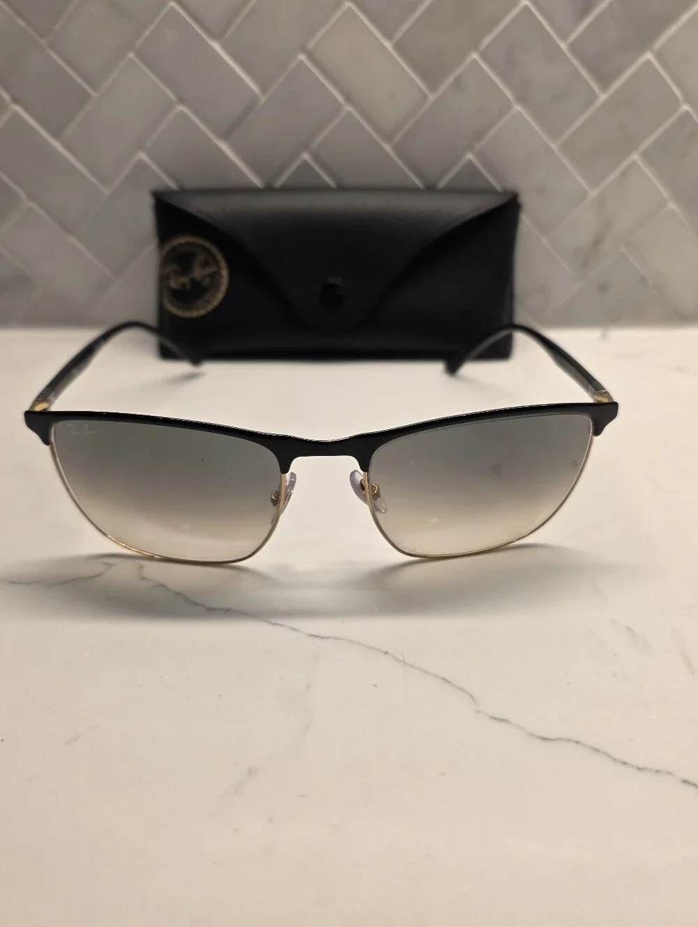 Ray-Ban RB 3686 187/32 Square Sunglasses (Polished Black on Gold / Clear Grey)
